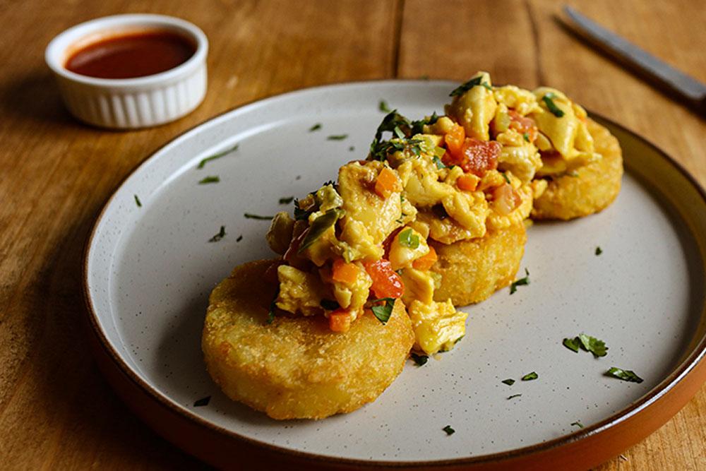 Ackee Scramble with Hash Brown Rounds