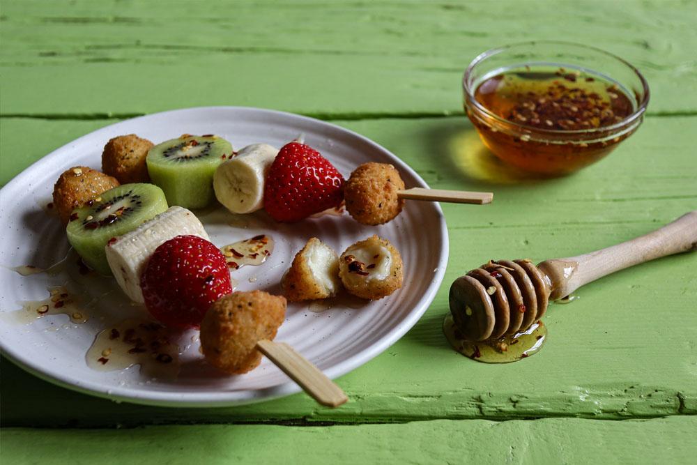 Camembert Bite and Fruit Kebabs with Hot Honey 