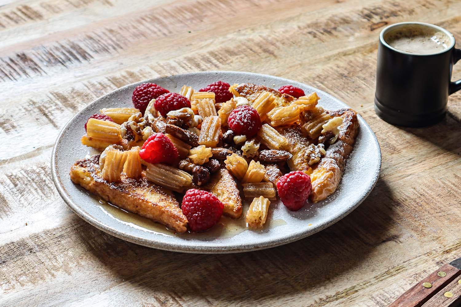 French Toast with Churros, fruit and nuts
